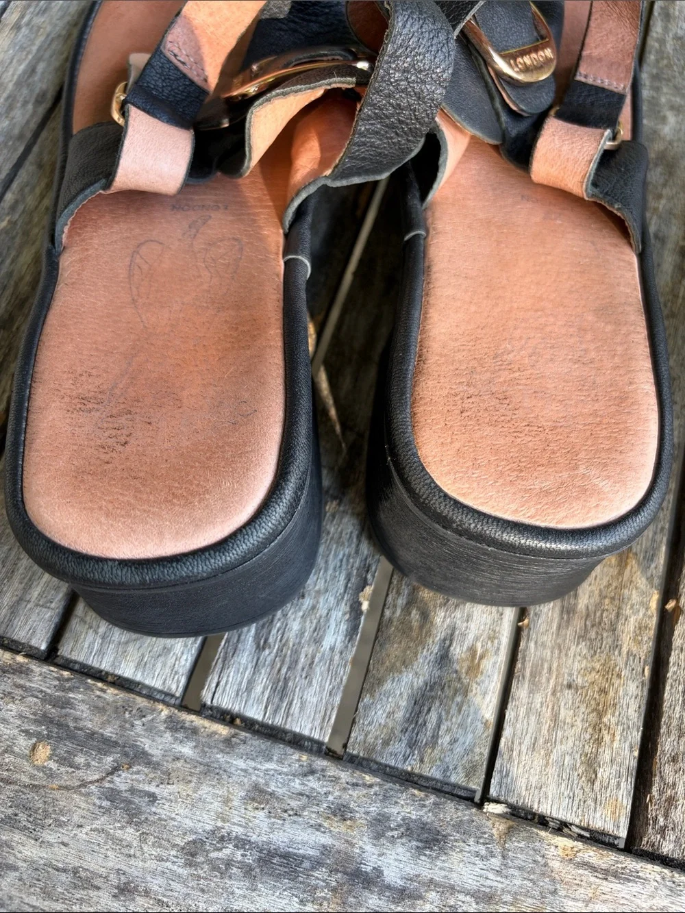 Fly London Black Leather T-Strap Sandals